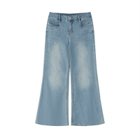 Light blue women's vintage wash flared leg jeans with front pockets on white background
