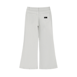 Women's vintage wash flared leg jeans in light gray, rear pockets, wide leg style