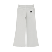 Women's vintage wash flared leg jeans in light gray, rear pockets, wide leg style