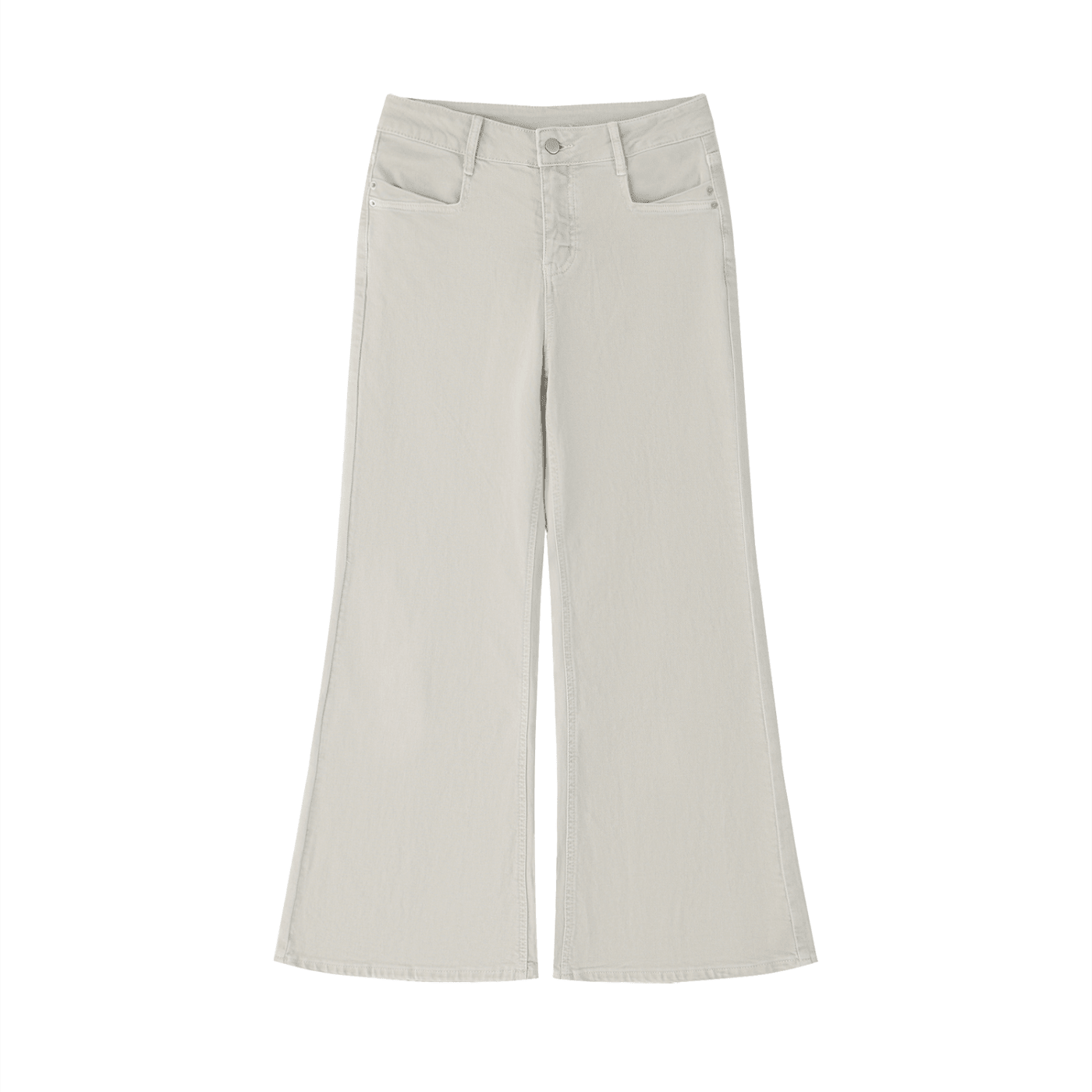 Women's vintage wash flared leg jeans in light beige, front view on white background