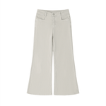 Women's vintage wash flared leg jeans in light beige, front view on white background