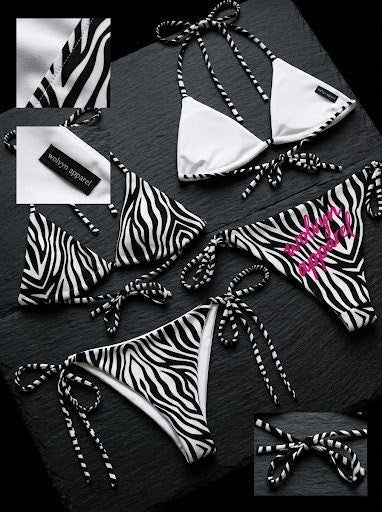Zebra print string bikini set with contrasting black and white patterns and tie closures.