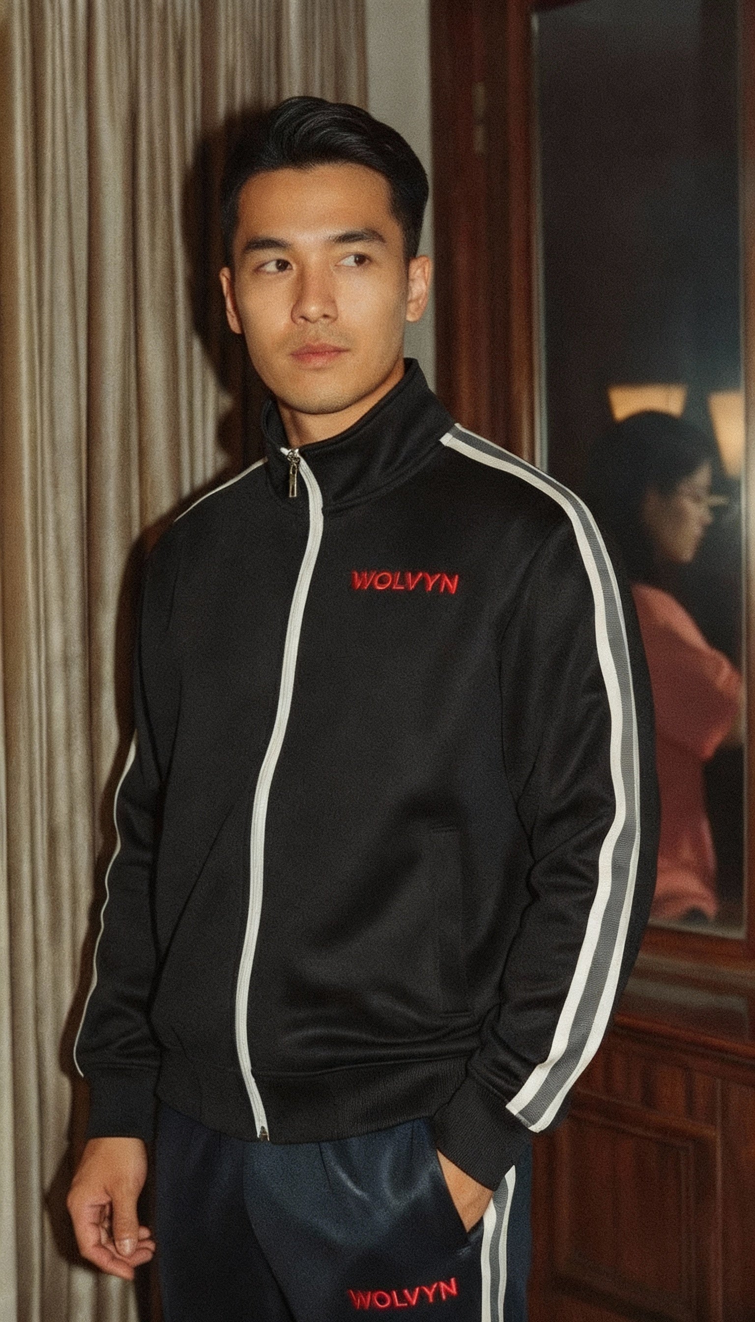 Wolvyn Chi stand-collar jacket with contrast side stripe, drop shoulders and long sleeves, oversized cotton-blend