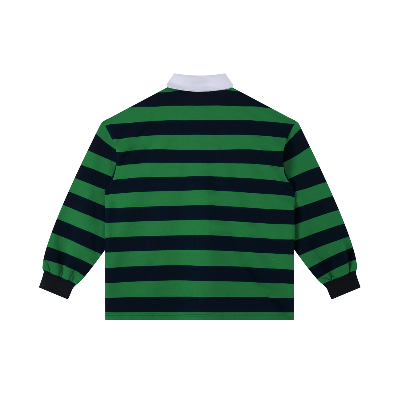 Back view of long sleeve polo shirt with green and navy color block stripes and white collar