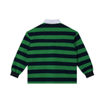 Back view of long sleeve polo shirt with green and navy color block stripes and white collar