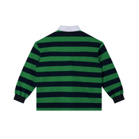 Back view of long sleeve polo shirt with green and navy color block stripes and white collar