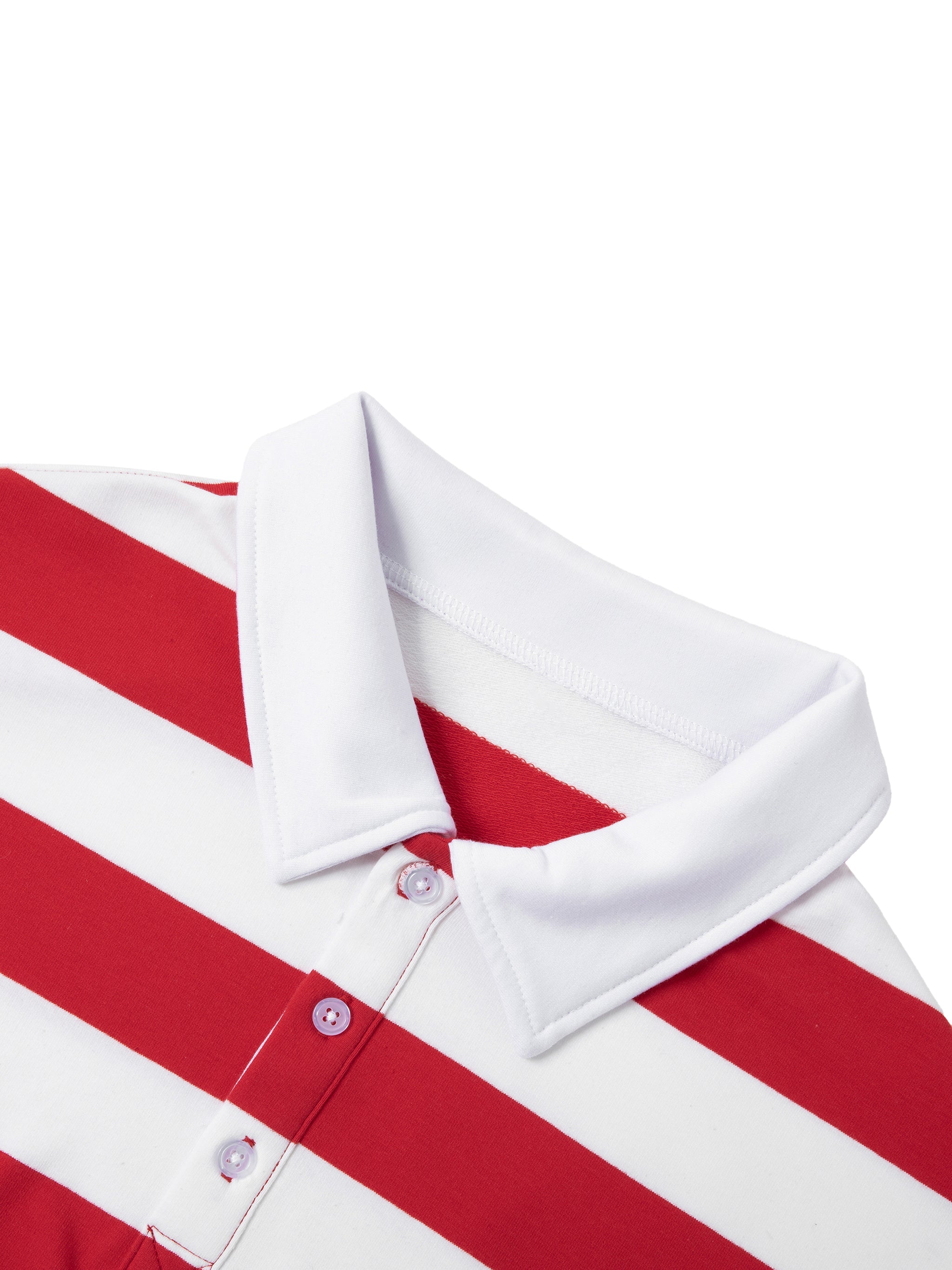 Red and white striped polo shirt with white collar and button placket, close-up view