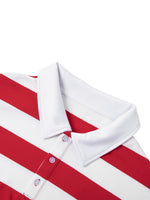Red and white striped polo shirt with white collar and button placket, close-up view