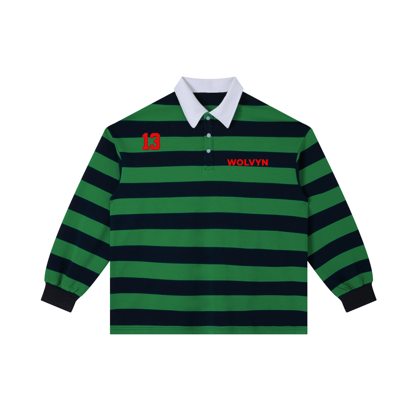 Green and navy color block striped polo shirt with white collar and red accents, long sleeves