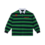Green and navy color block striped polo shirt with white collar and red accents, long sleeves
