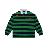 Green and navy color block striped polo shirt with white collar and red accents, long sleeves