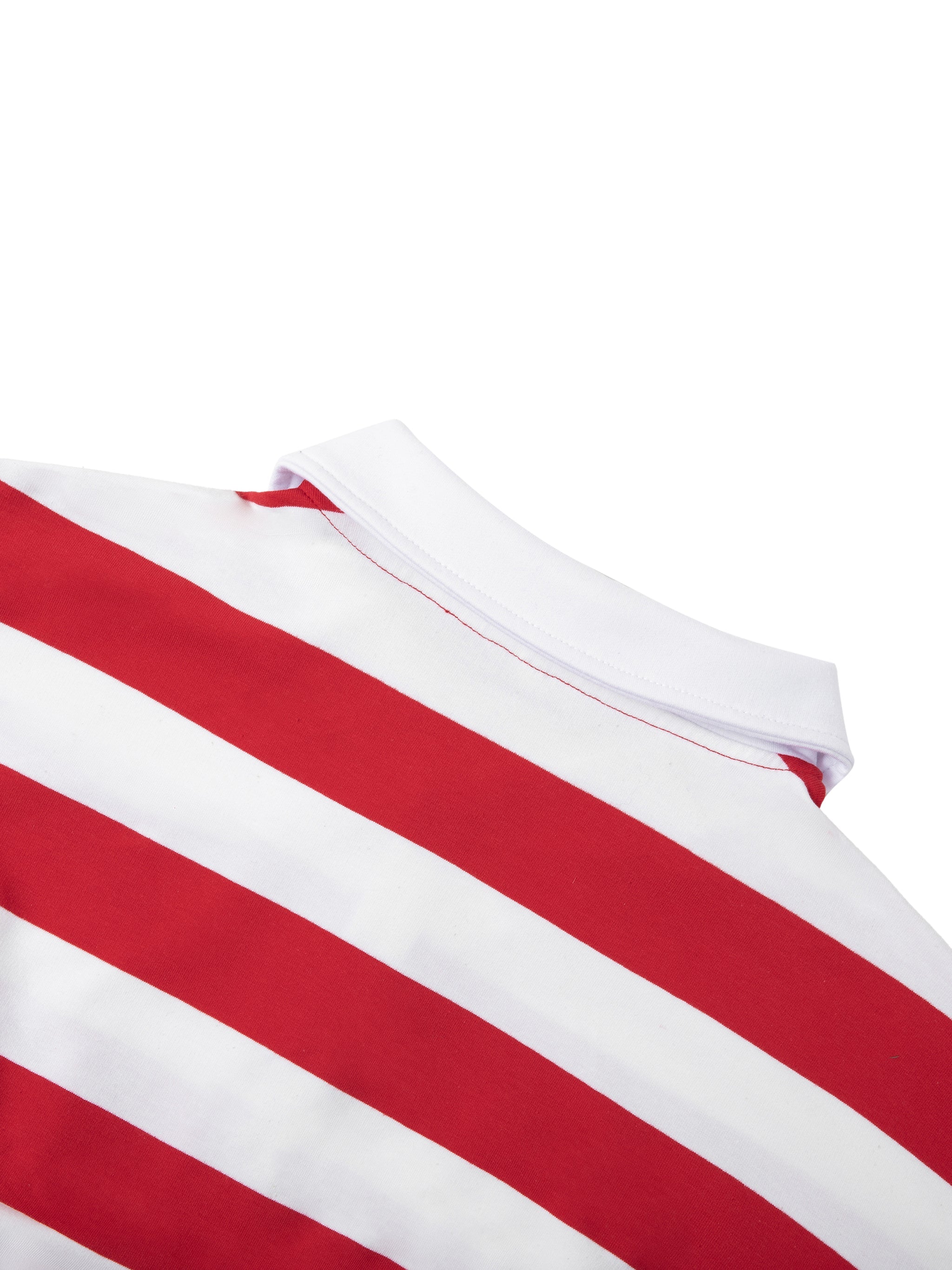 Red and white striped polo shirt with white collar, close-up of fabric pattern