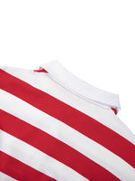 Red and white striped polo shirt with white collar, close-up of fabric pattern