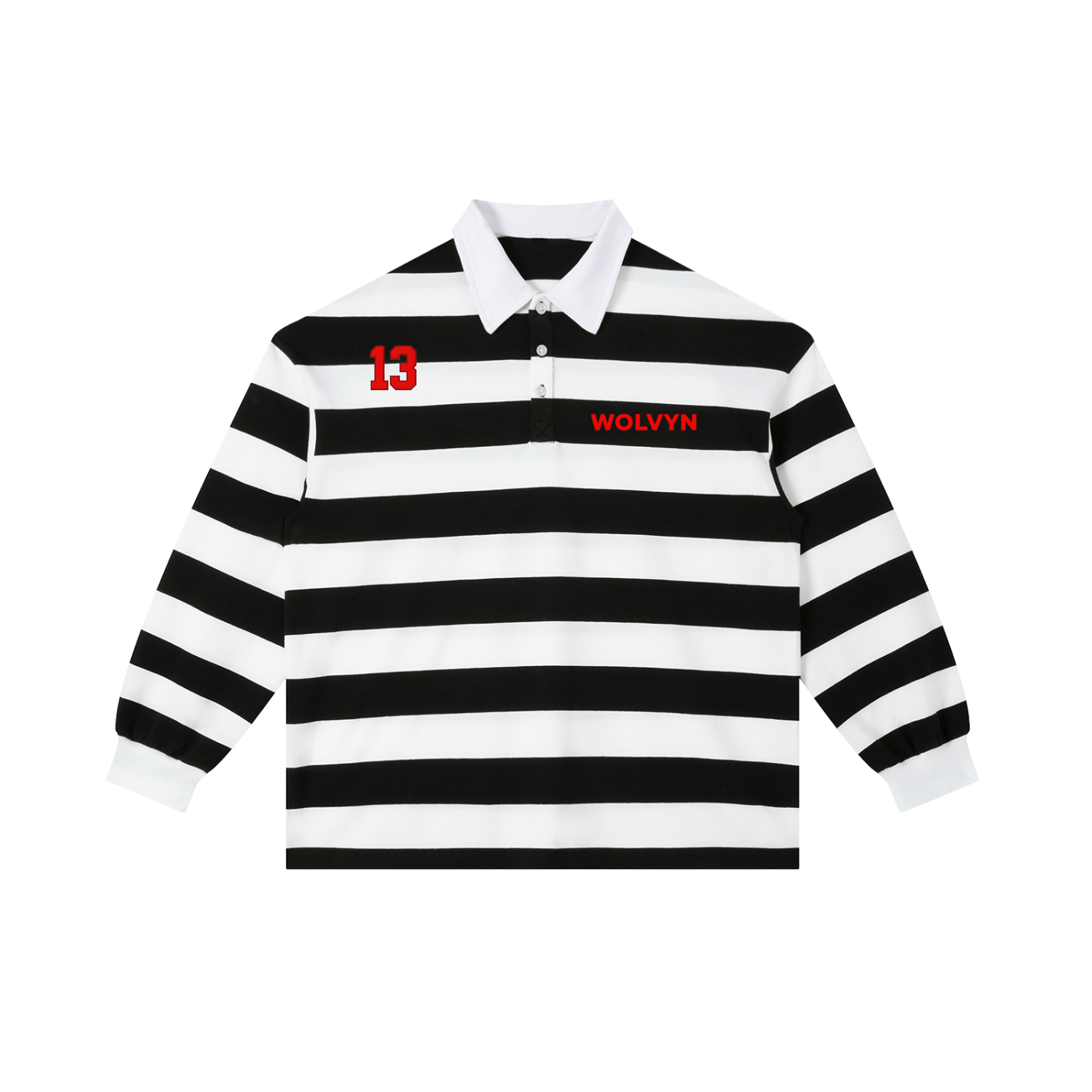 Black and white striped color block polo shirt with red text and number, long sleeves