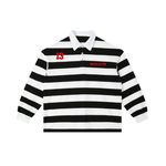Black and white striped color block polo shirt with red text and number, long sleeves