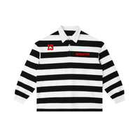 Black and white striped color block polo shirt with red text and number, long sleeves
