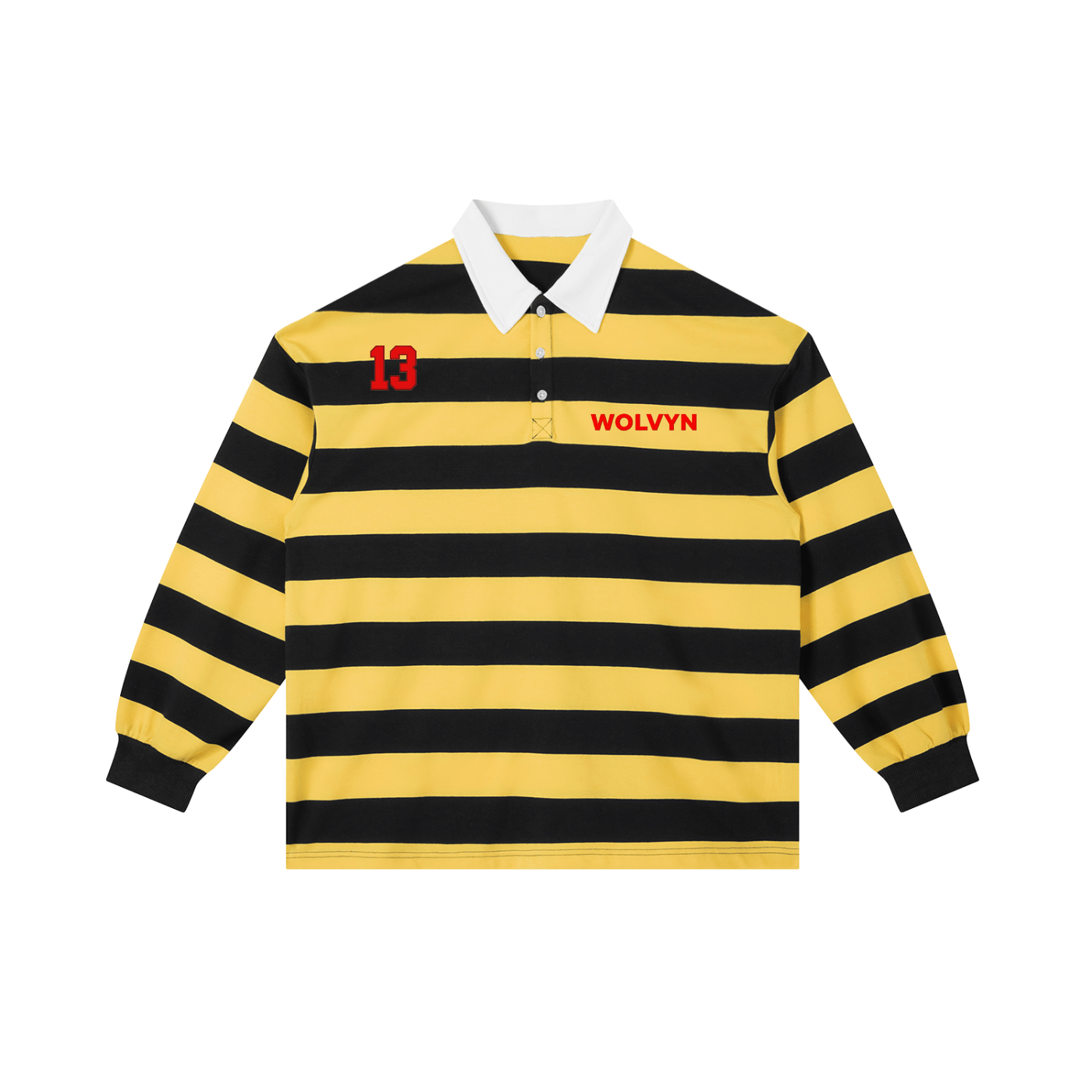 Yellow and black striped long sleeve polo shirt with white collar, red 13 and WOLVYN text.