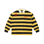 Yellow and black striped long sleeve polo shirt with white collar, red 13 and WOLVYN text.