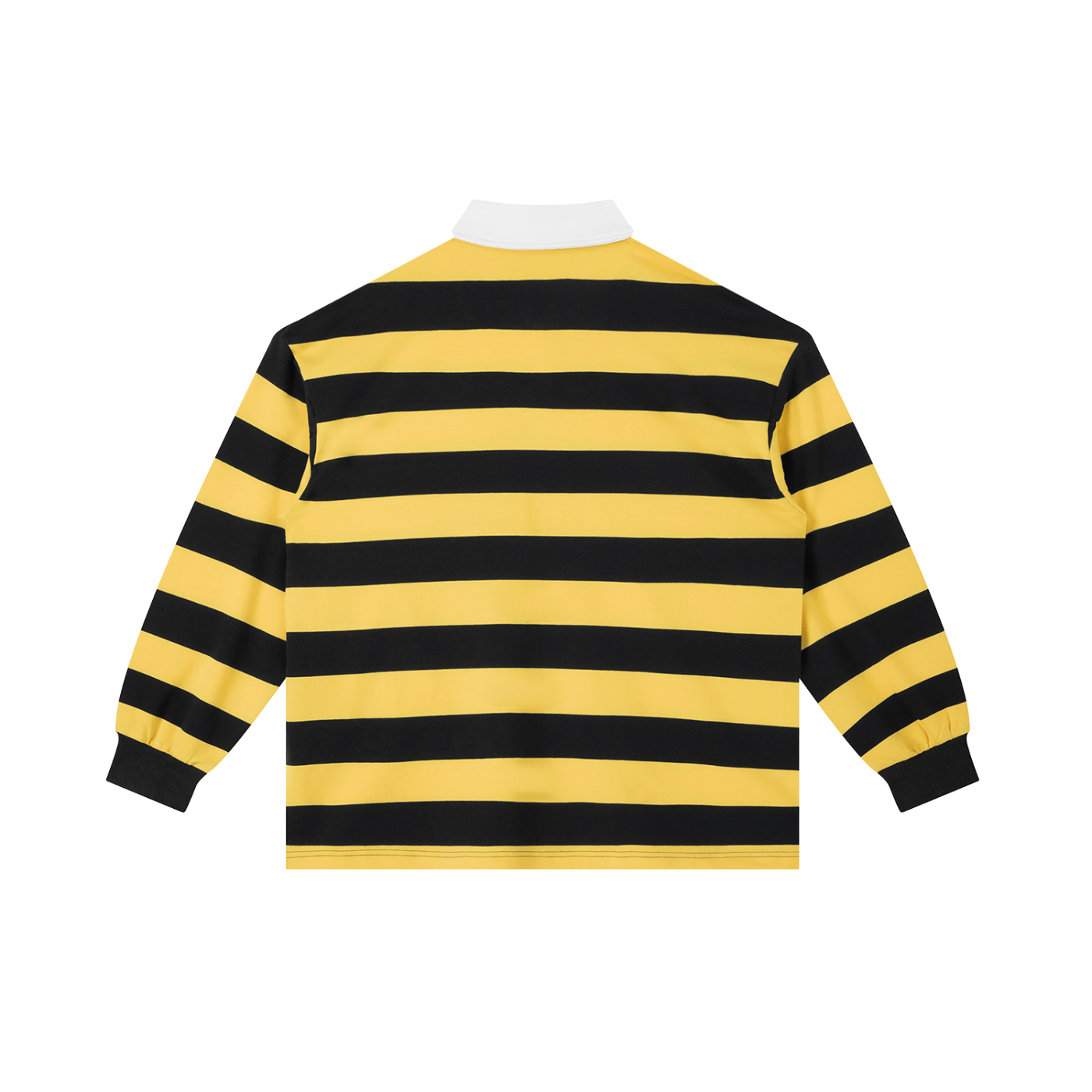 Back view of a yellow and black striped long sleeve polo shirt with white collar