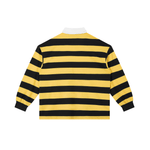Back view of a yellow and black striped long sleeve polo shirt with white collar