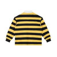 Back view of a yellow and black striped long sleeve polo shirt with white collar