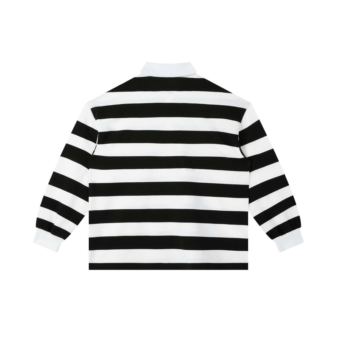 Back of a black and white horizontal stripe long sleeve polo shirt, white collar