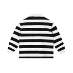 Back of a black and white horizontal stripe long sleeve polo shirt, white collar