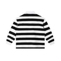 Back of a black and white horizontal stripe long sleeve polo shirt, white collar