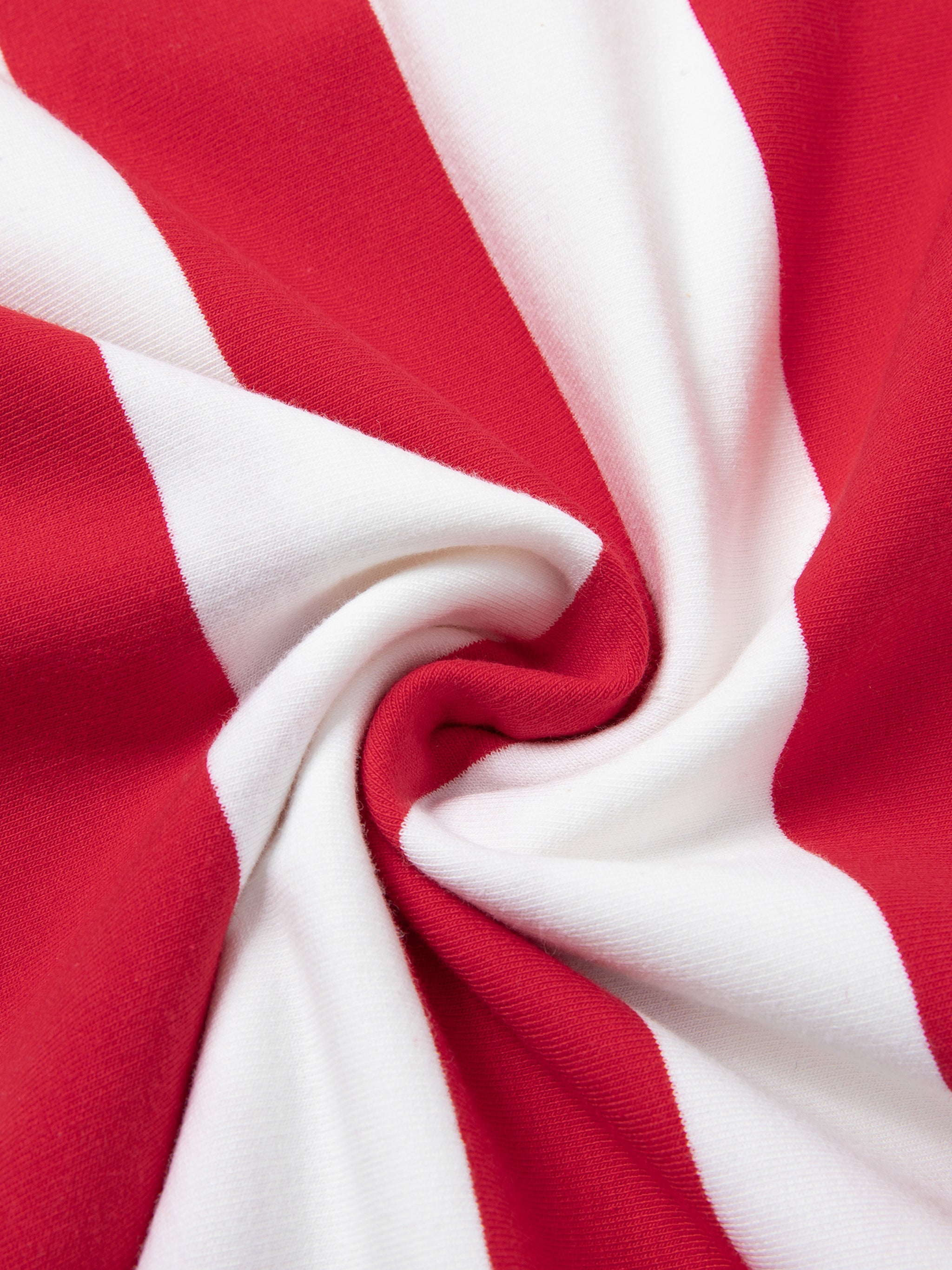 Red and white color block stripe heavyweight polo shirt fabric close-up