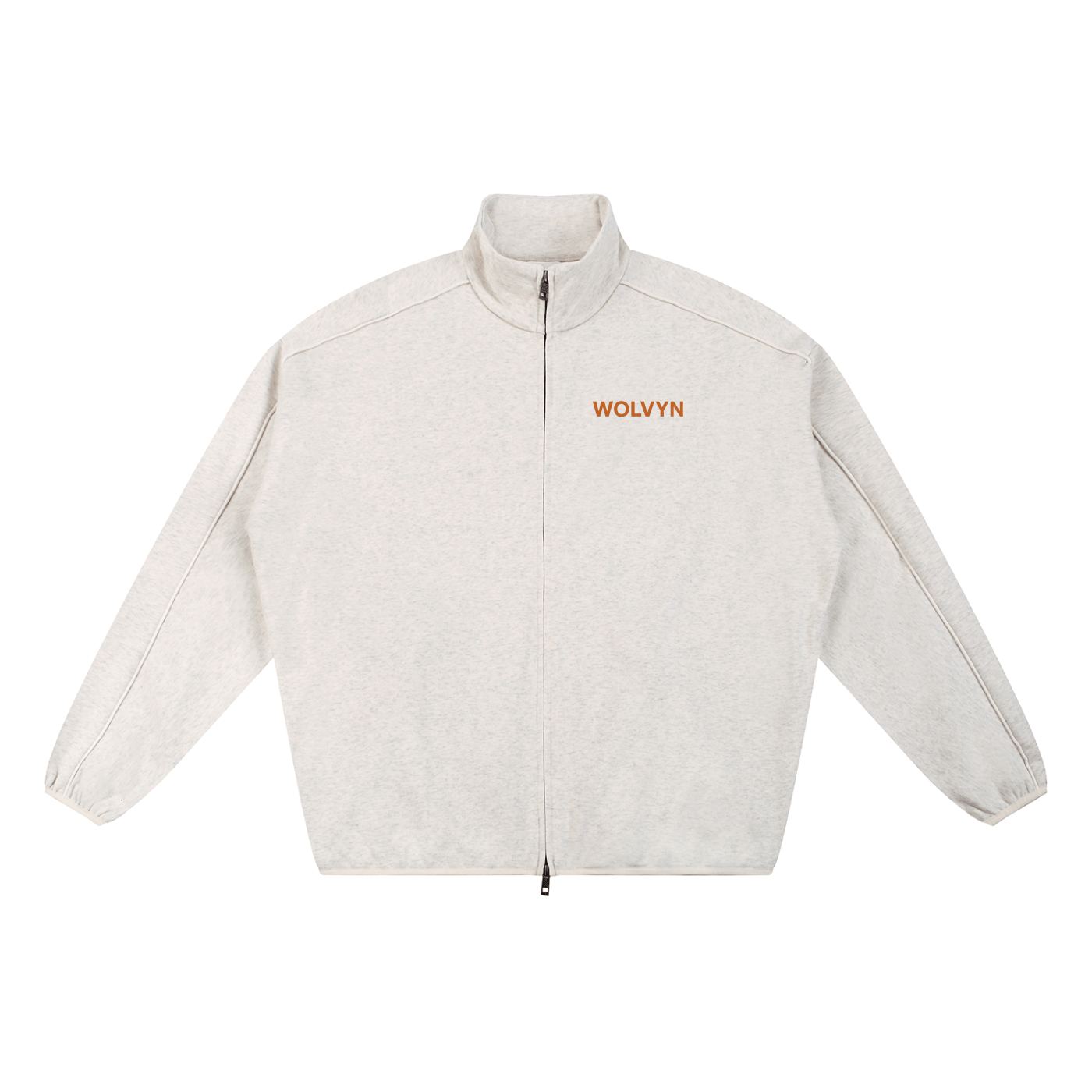 Light grey heavyweight stand collar jacket with front zipper and orange 'WOLVYN' text on chest.