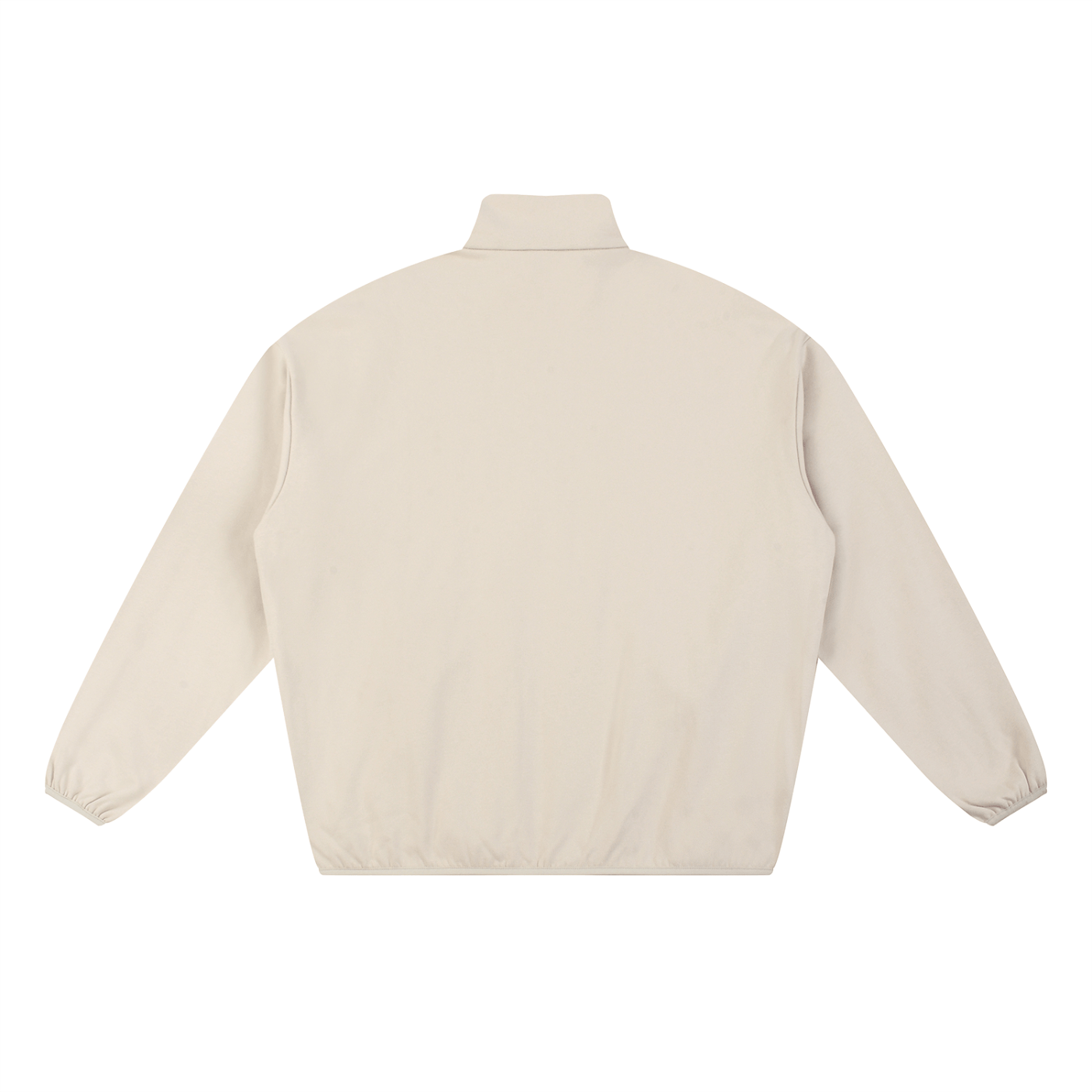 Back view of a beige heavyweight stand collar jacket with elastic cuffs and hem