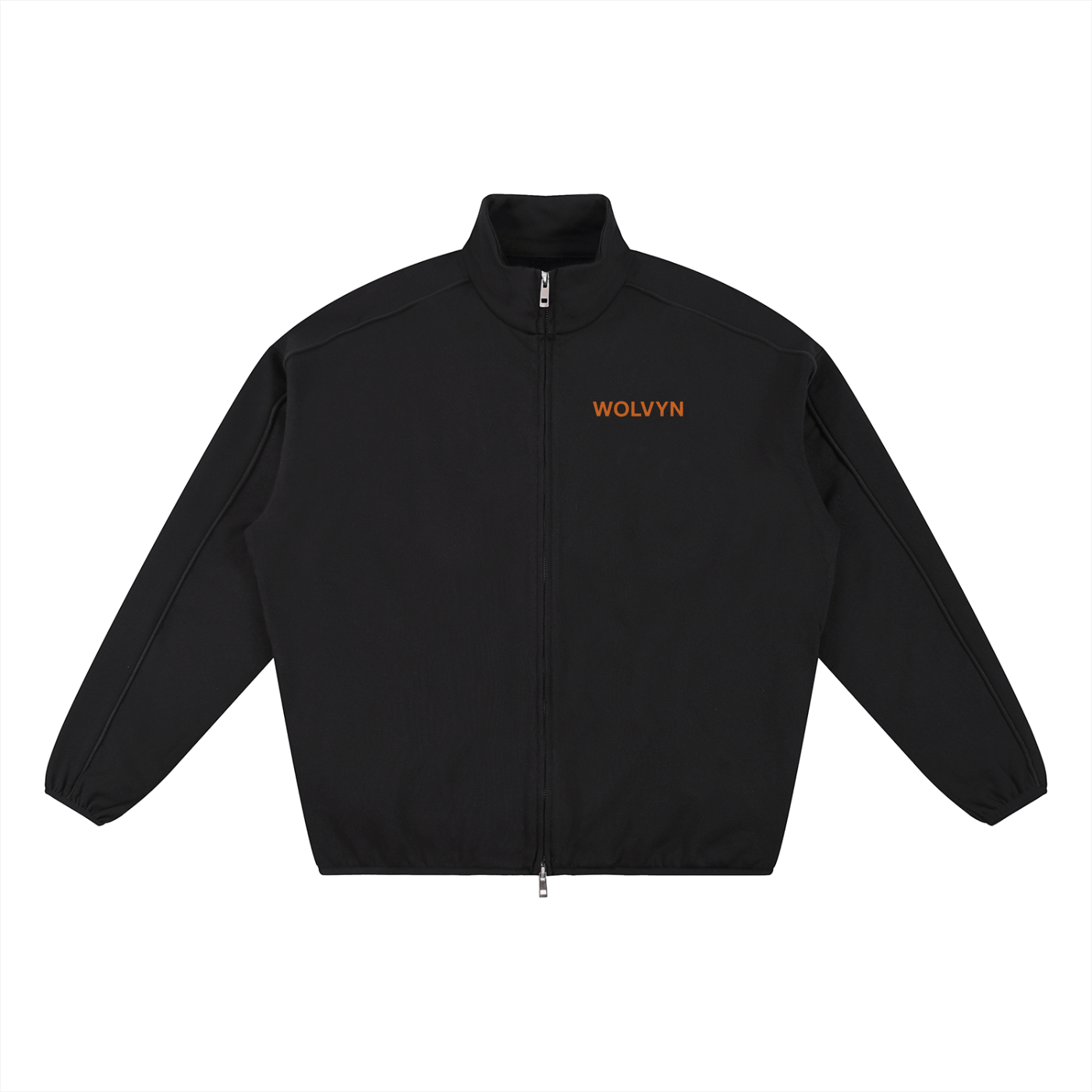 Black heavyweight stand collar jacket with front zipper and orange 'WOLVYN' chest text