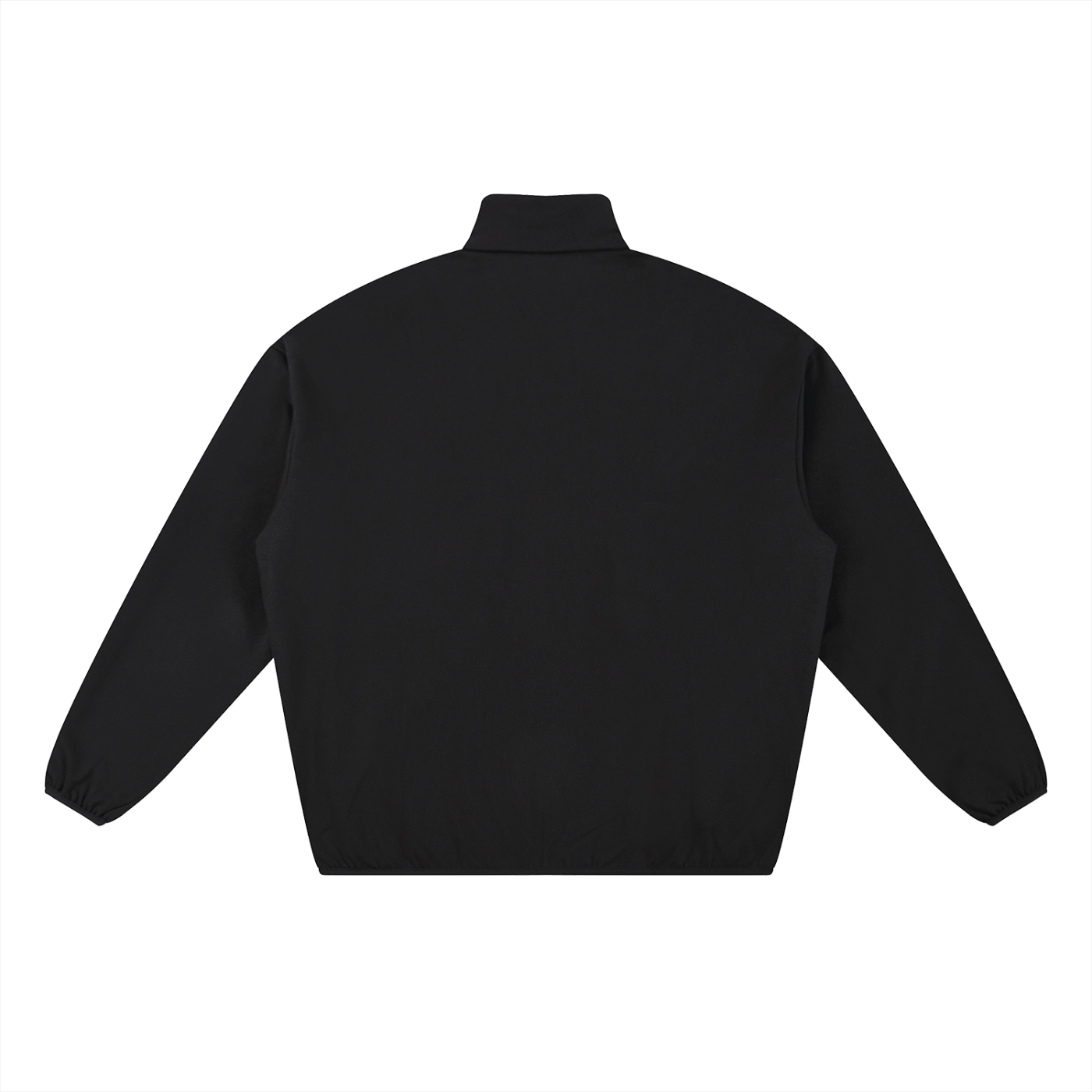 Back view of black heavyweight stand collar jacket with elastic cuffs