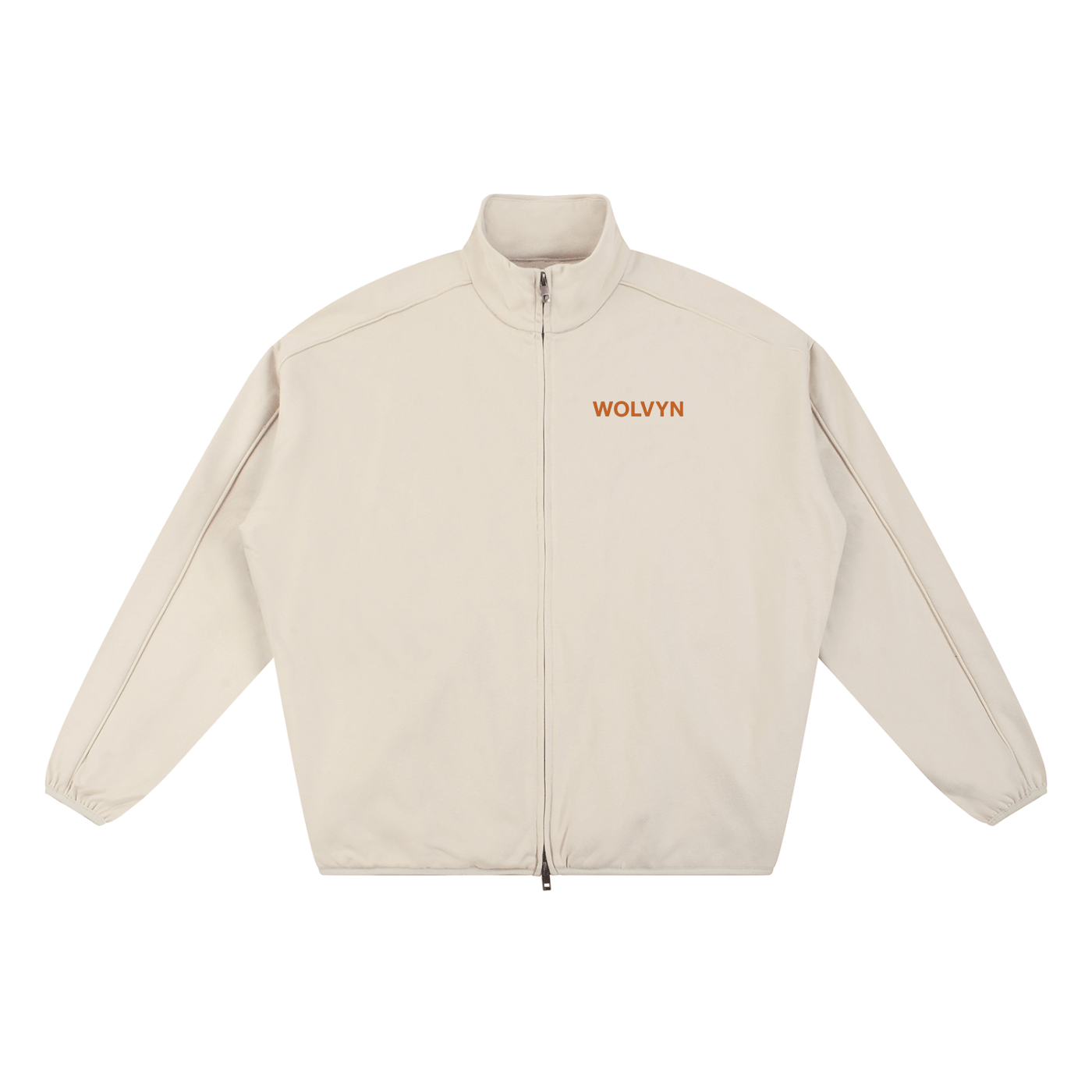 Beige heavyweight stand collar jacket with front zipper and orange chest logo text