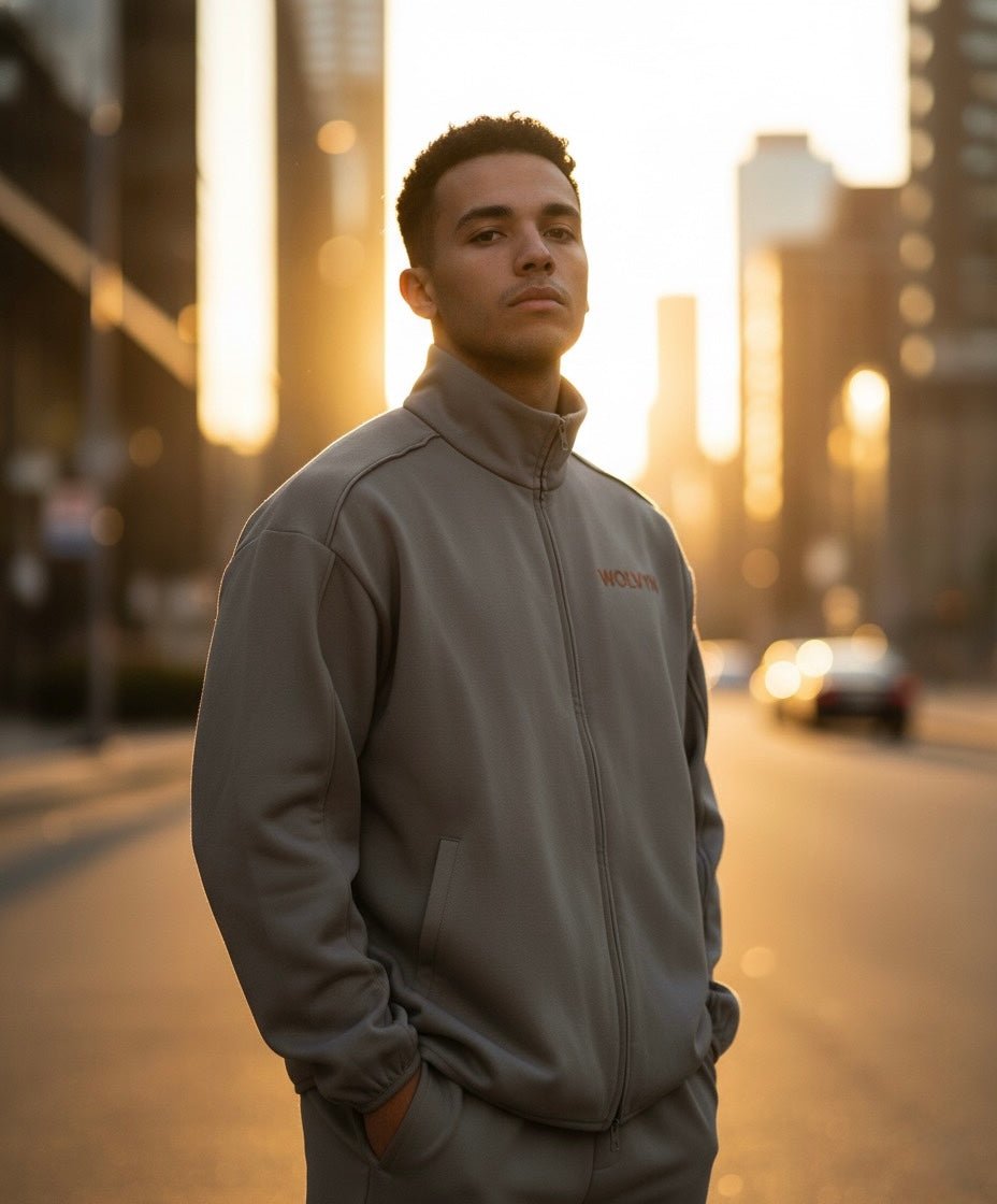 Man wearing a heavyweight stand collar jacket on a city street at sunset