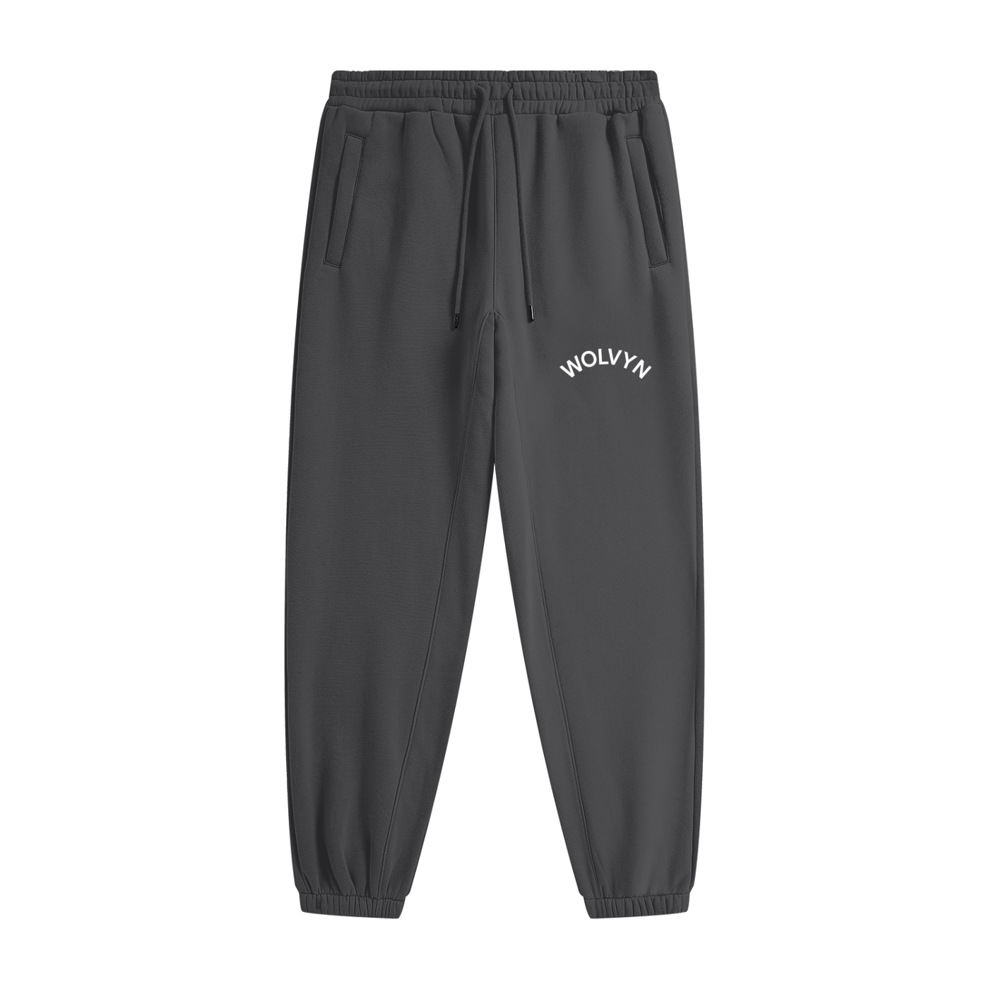 Dark grey heavyweight unisex fleece joggers with elastic cuffs and white Wolvyn logo