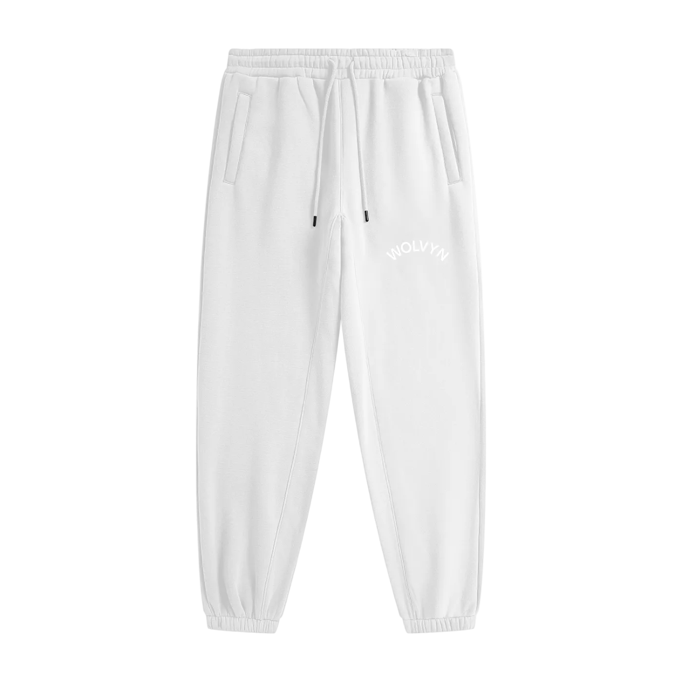 White heavyweight fleece joggers with front pockets, elastic waistband, and 'Wolvyn' logo.
