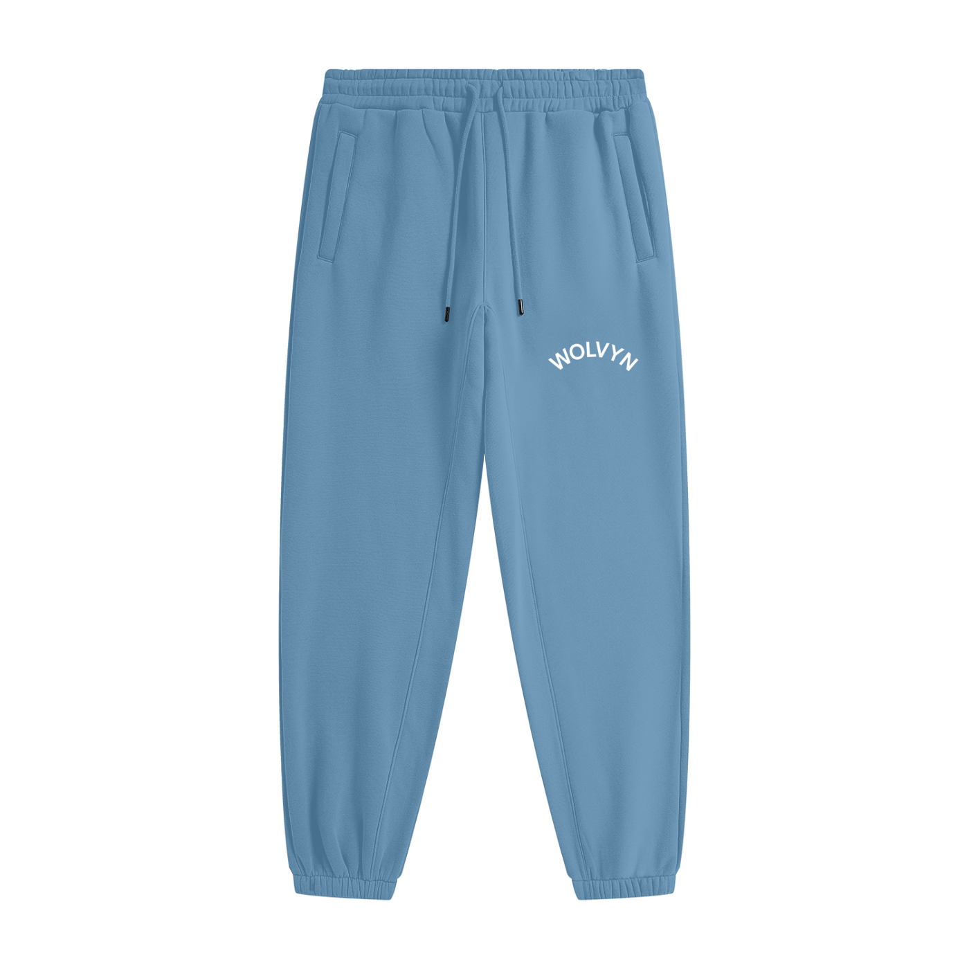 Light blue heavyweight fleece joggers with elastic cuffs and white Wolvyn text on thigh