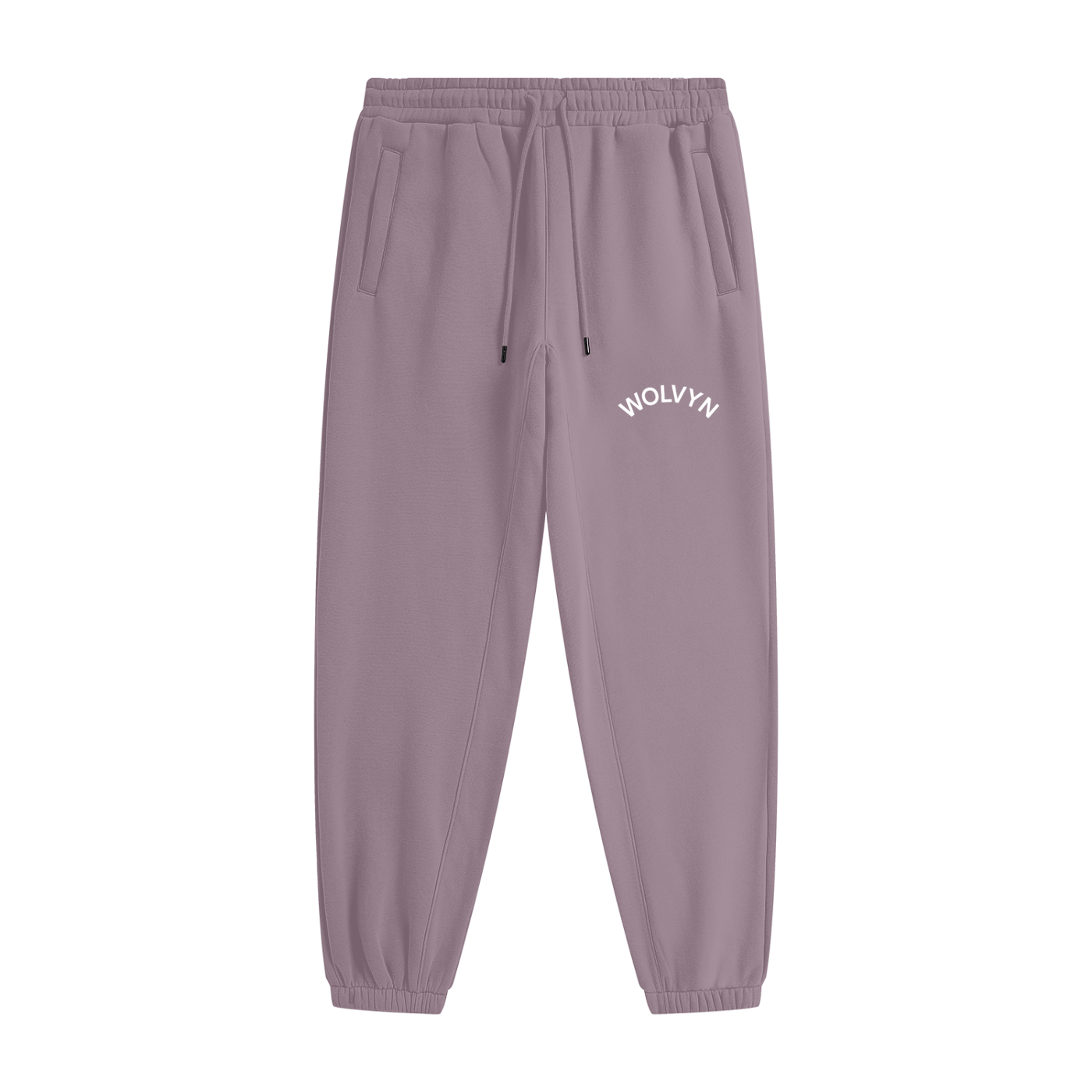 Unisex heavyweight mauve fleece joggers with drawstring waist and WOLVYN text on hip