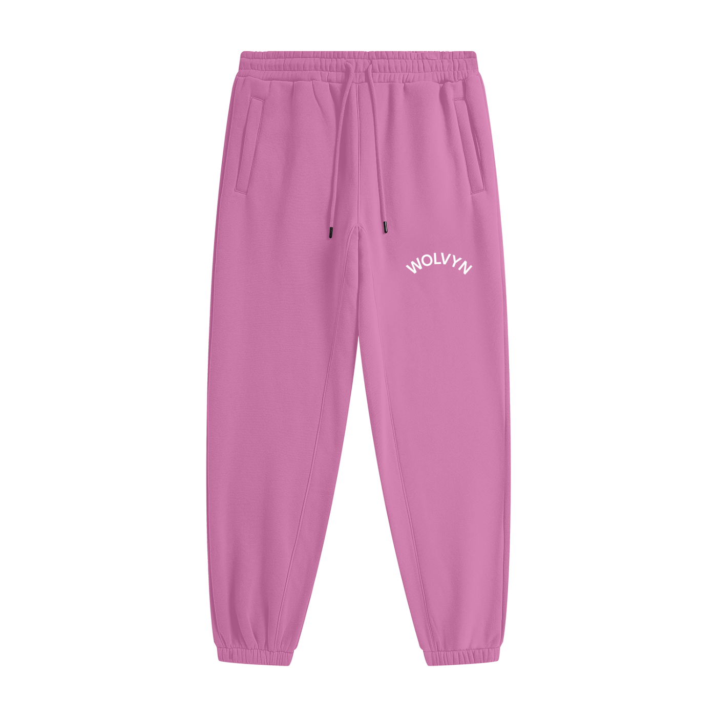 Pink heavyweight fleece joggers with drawstring waist, side pockets, and WOLVYN logo on thigh