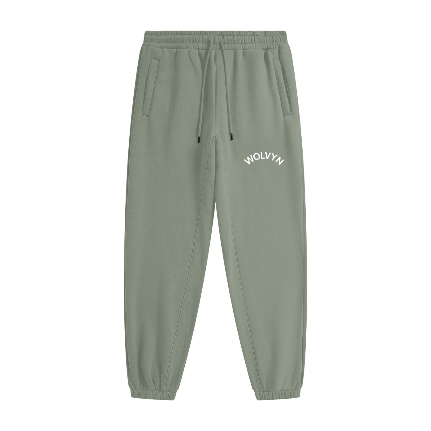 Sage green heavyweight fleece joggers with elastic cuffs and white Wolvyn logo print
