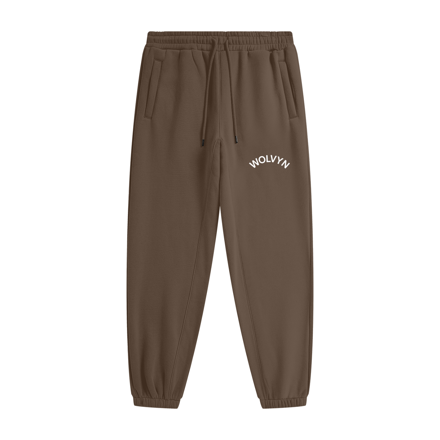 Unisex heavyweight brown fleece joggers with elastic waist, drawstring, and WOLVYN logo