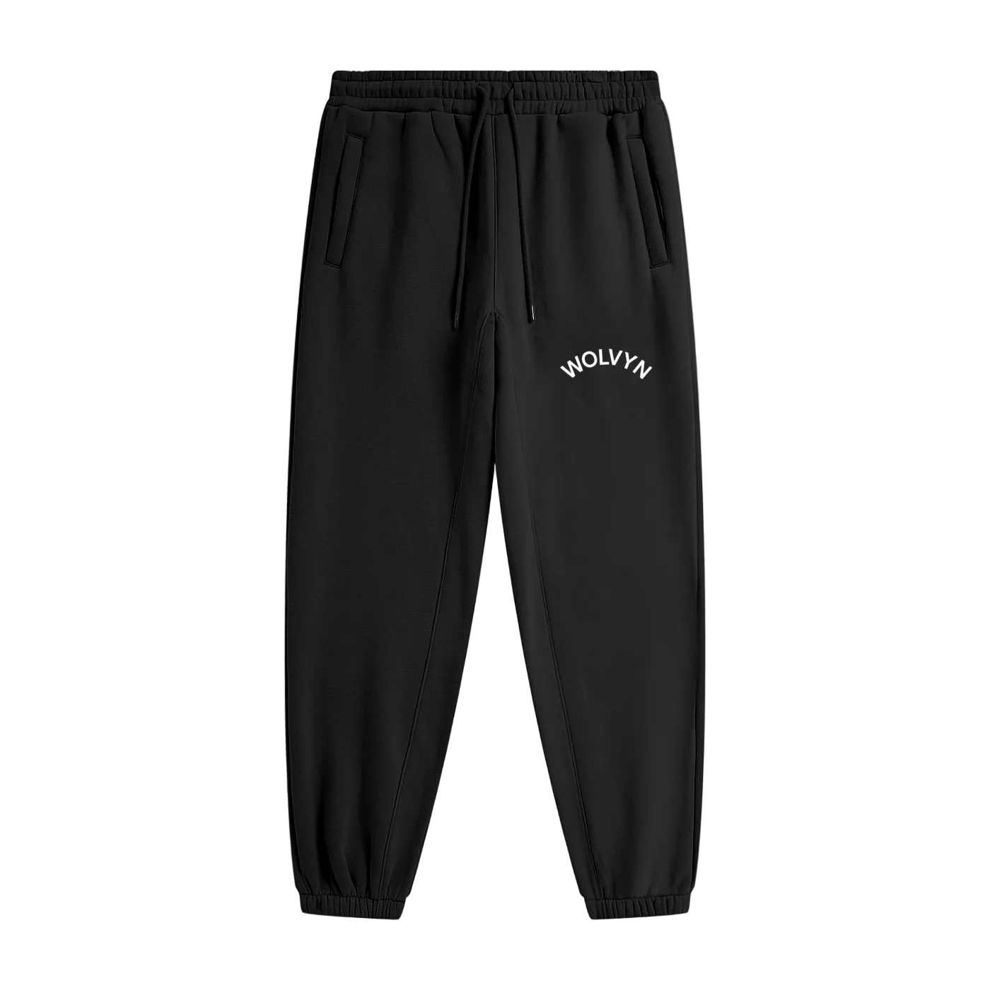 Black heavyweight fleece joggers with white Wolvyn text, elastic waistband, and side pockets