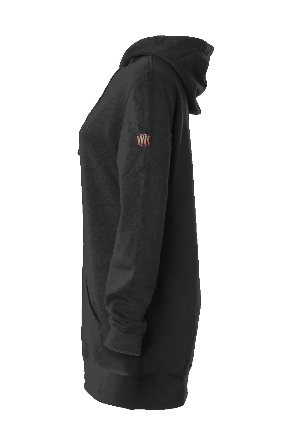 Black hooded sweatshirt dress with subtle arm logo, side view on white background