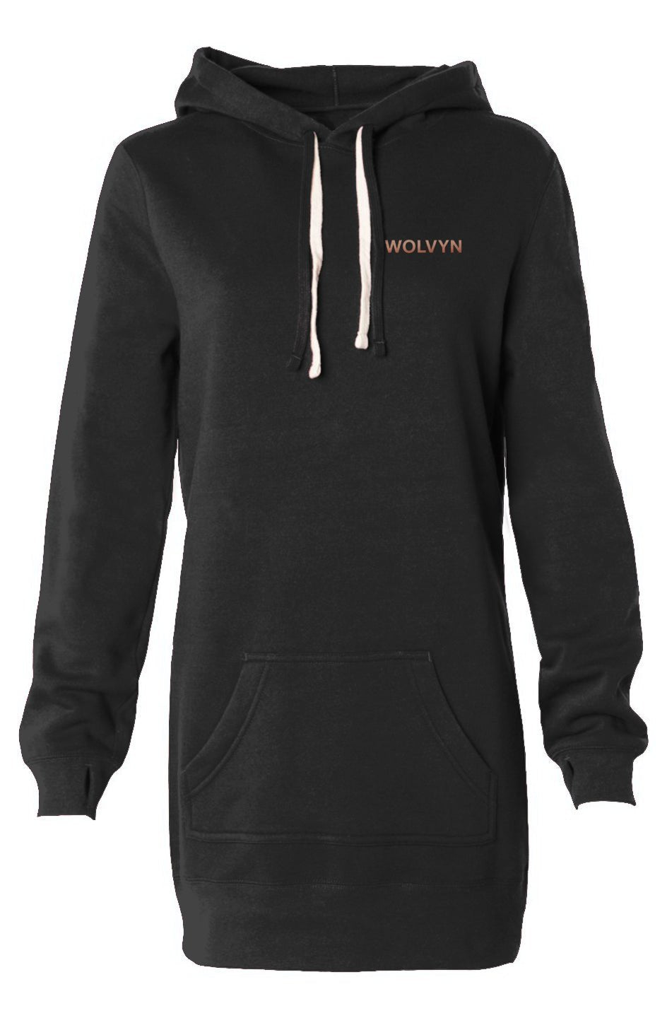 black hooded sweatshirt dress with front pocket, white drawstrings, and subtle chest logo