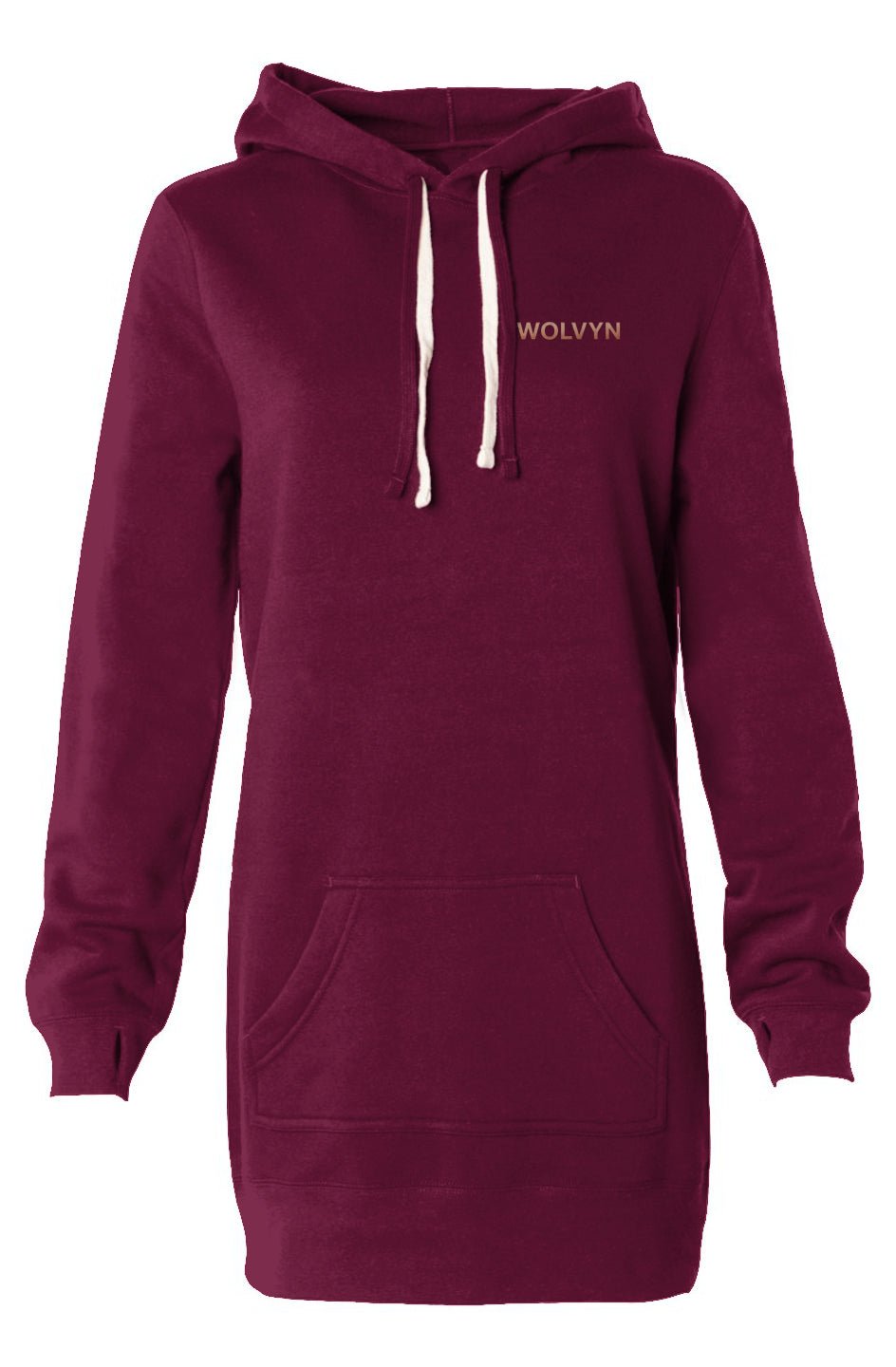 Burgundy hooded sweatshirt dress with front pocket and white drawstrings, WOLVYN text on chest