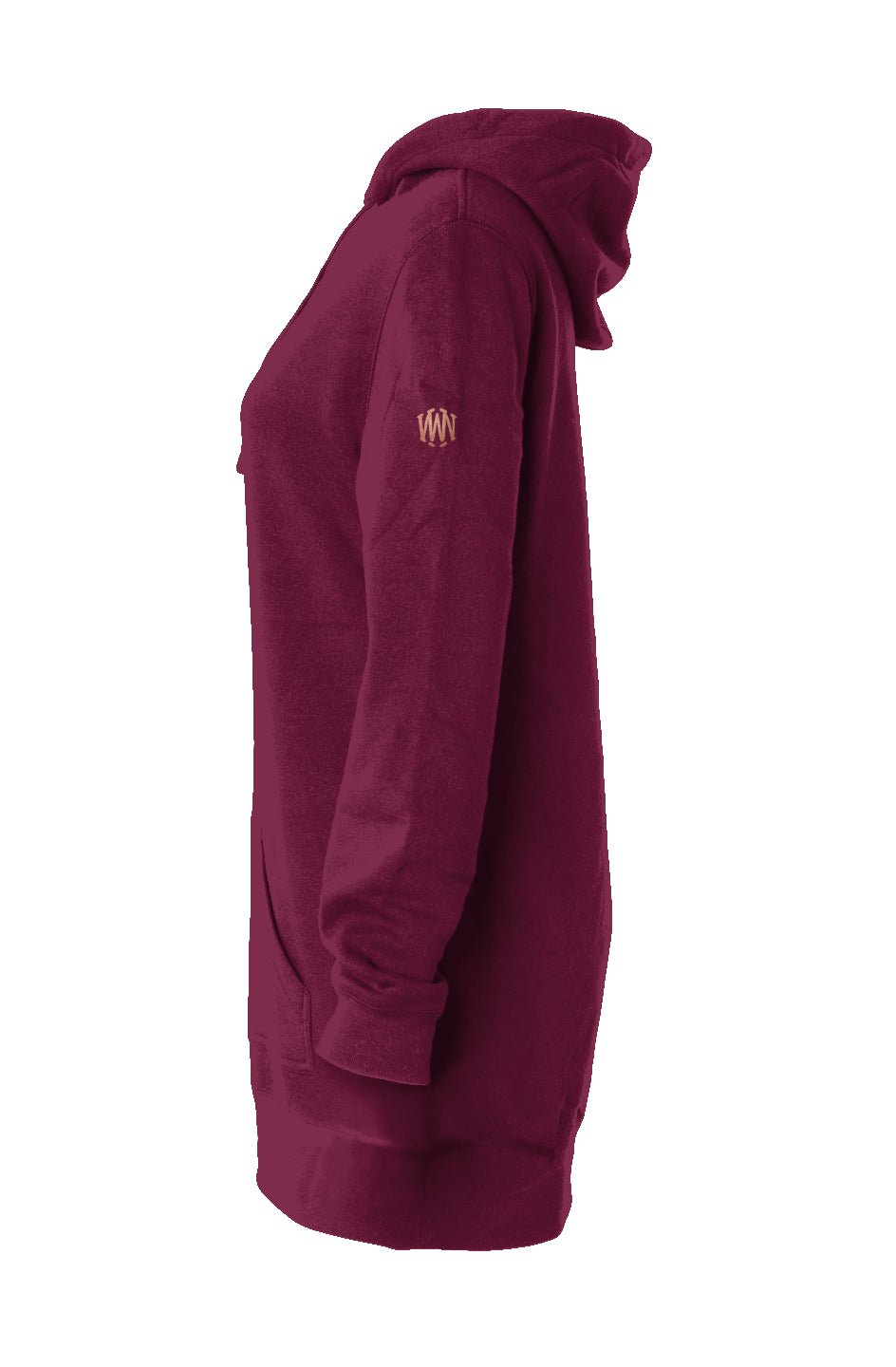 Side view of maroon hooded sweatshirt dress with embroidered sleeve detail