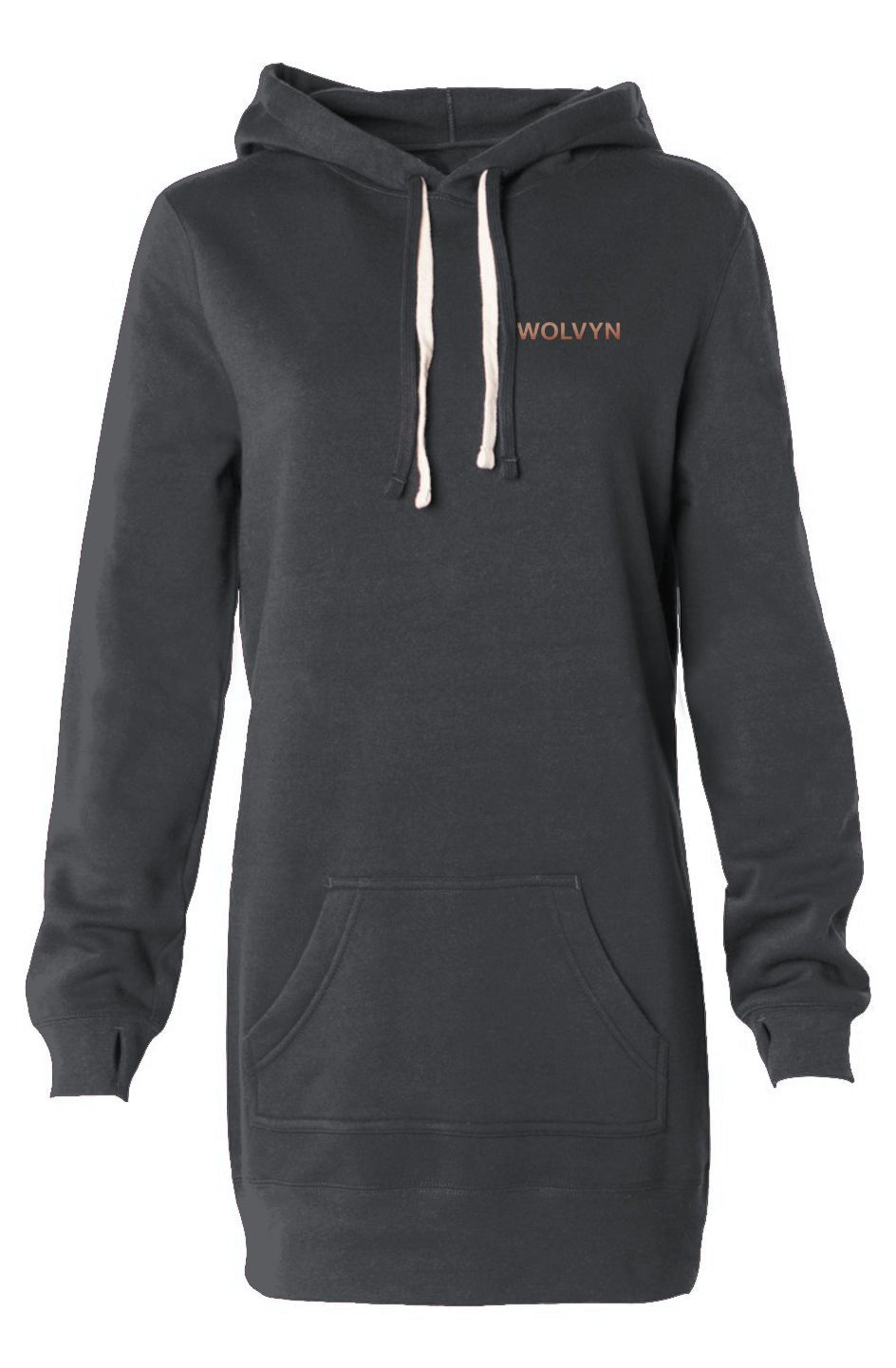 Black hooded sweatshirt dress with long sleeves, front pocket, and subtle logo text on chest.