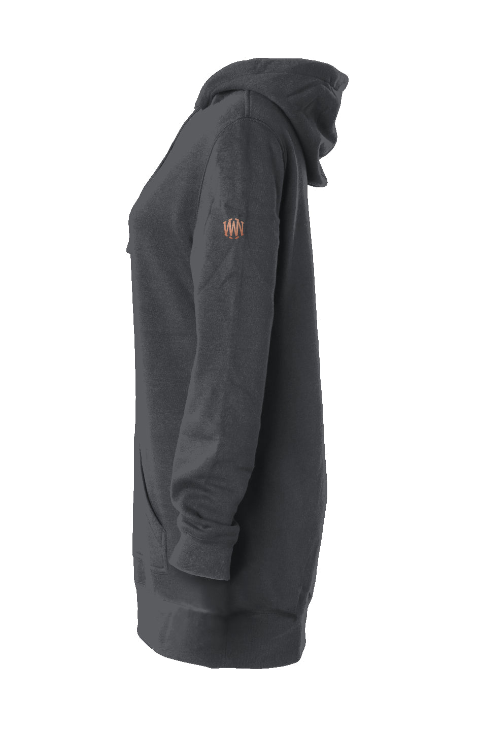 Charcoal hooded sweatshirt dress with front pocket and small sleeve logo, side view