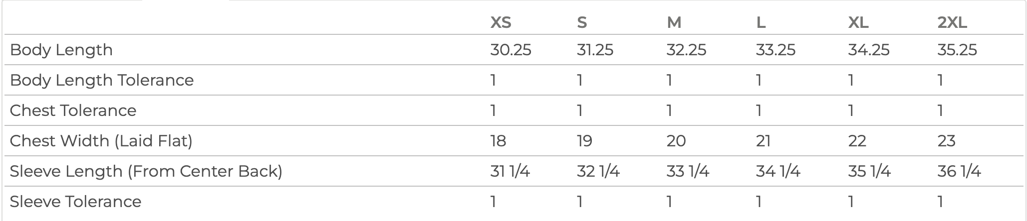 Size chart for hooded sweatshirt dress with measurements for body length, chest width, and sleeve length in sizes XS to 2XL.